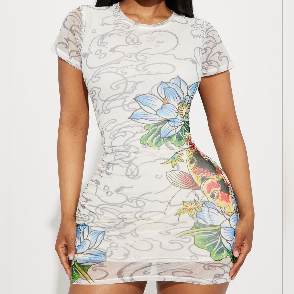 Ed Hardy Ivory Short Sleeve Mesh Mini Dress - Picture 3 of 6